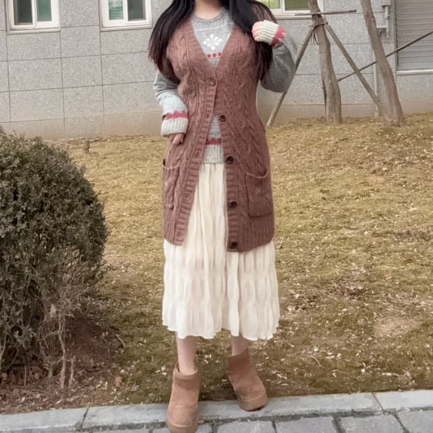 코코모리 일본 모리걸 브라운 노르딕 니트 물결 스커트 레이어드 코디세트