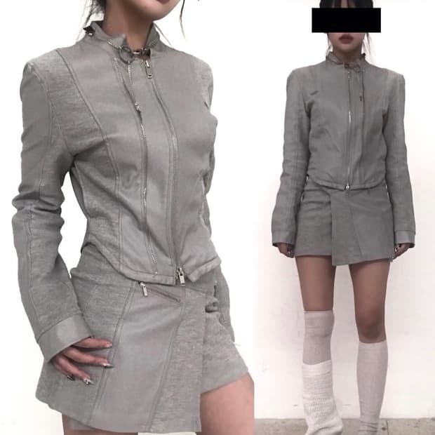 더블 지퍼 레더 자켓 & 치마 라이트 그레이