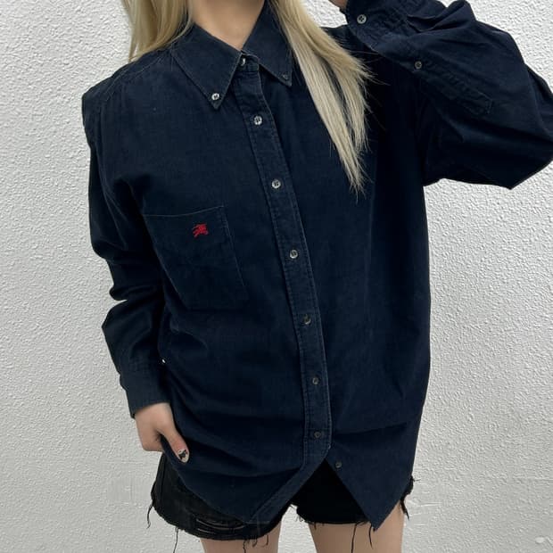 버버리 자수로고 네이비 골덴 셔츠 M