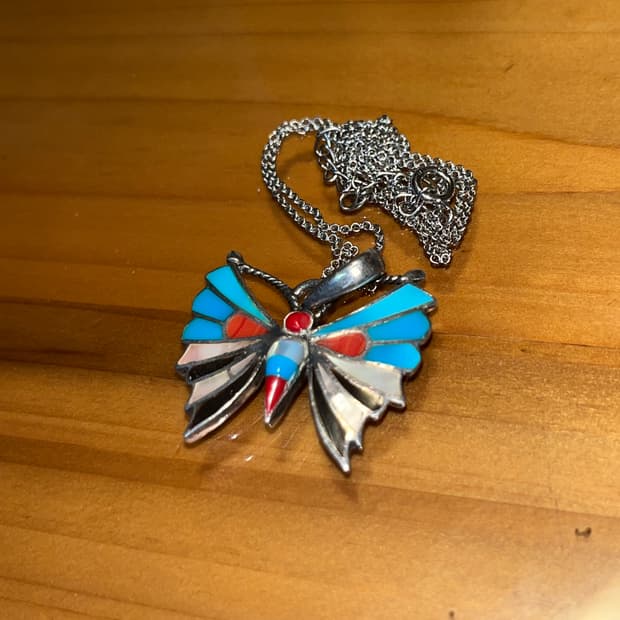 빈티지 인디언 주얼리 : 나비 인레이 스털링 실버 925 목걸이 (Nat