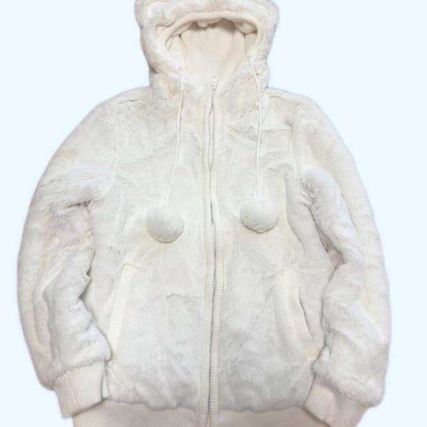 곰돌이 귀 모자 화이트 퍼 빈티지 후드집업 폼폼