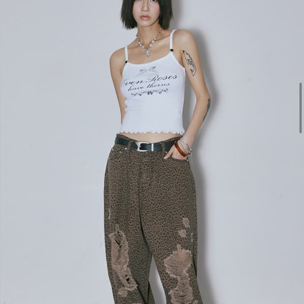 니어노어 Back-Cross Damaged Pants leopard