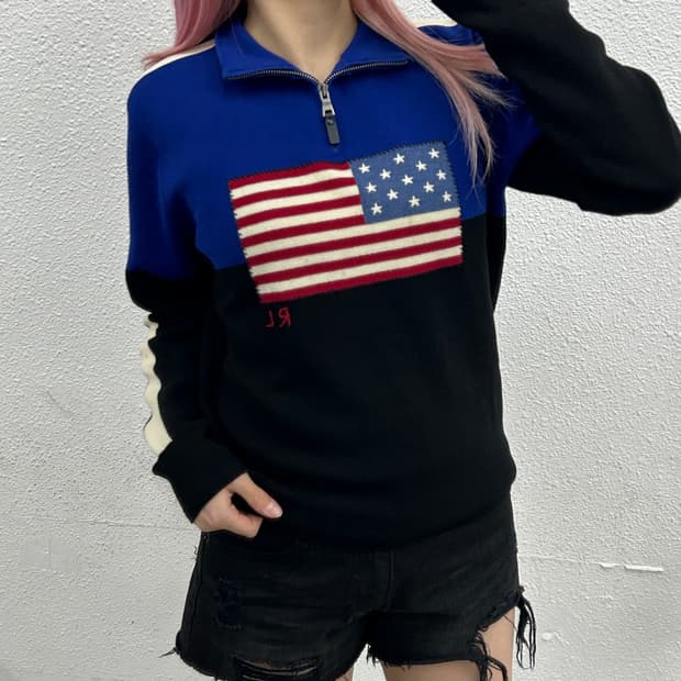 폴로 랄프로렌 성조기 블루 배색 블랙 니트 반집업 XL