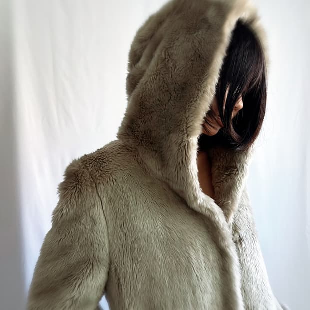 Greyish ivory snap button fur long coat