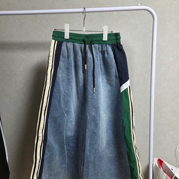 데님 배색 롱 스커트