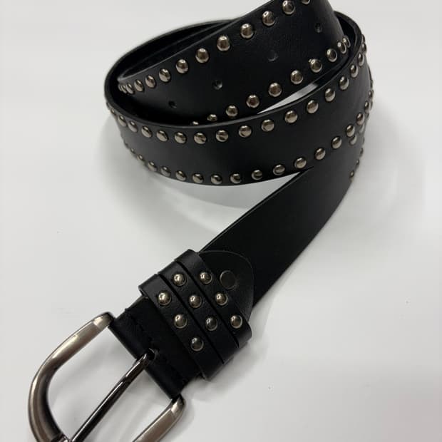 빈티지 더블 스터드 블랙 레더 벨트 Studded