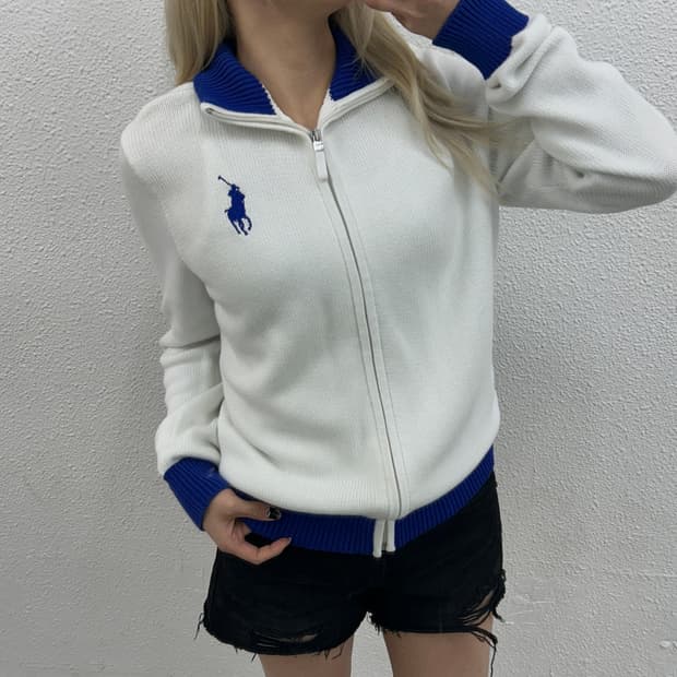 폴로 랄프로렌 빅포니 코발트블루 배색 화이트 니트집업 L