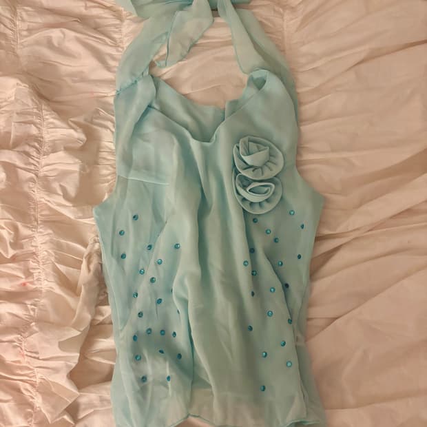 빈티지 민트 큐빅 로즈 슬리브리스