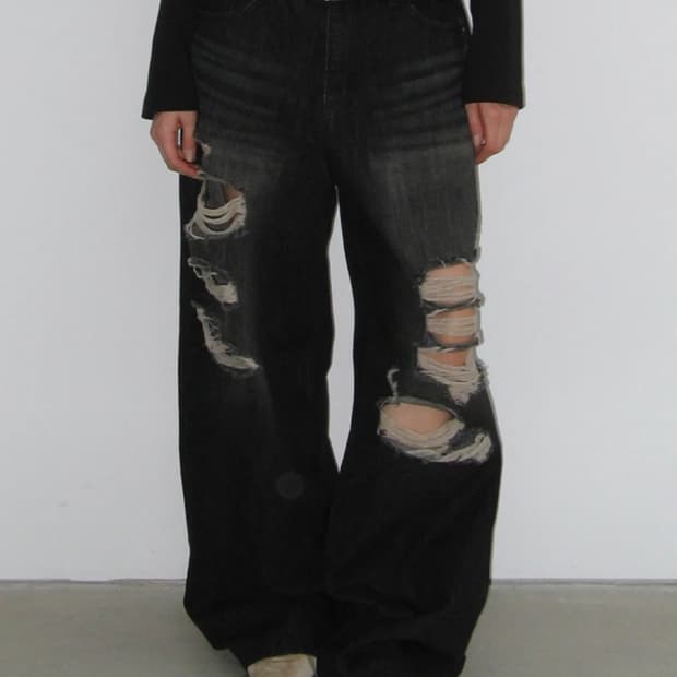 락케이크 faye damage jeans black 카리나바지