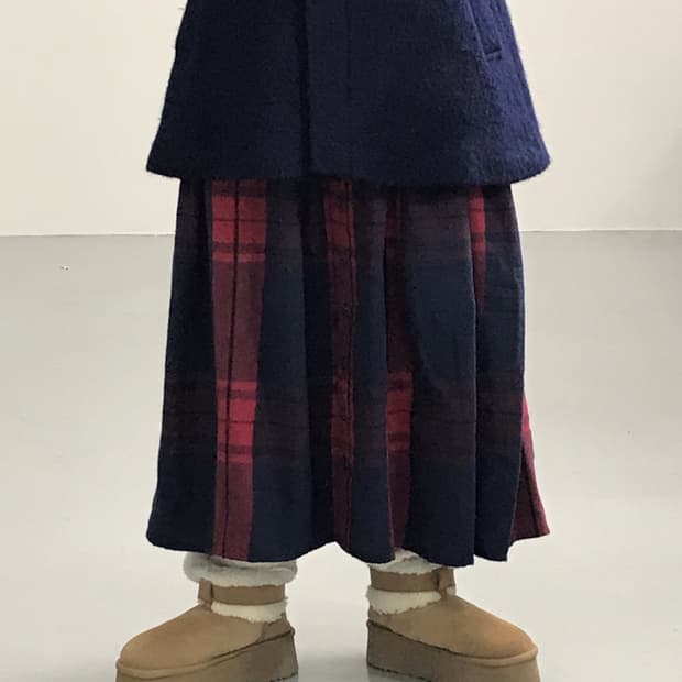 Jpn Red & Navy Plaid Button Maxi Skirt