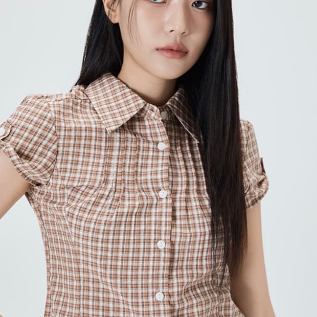미쏘 롤업 체크 반팔 셔츠 오렌지 레드 S