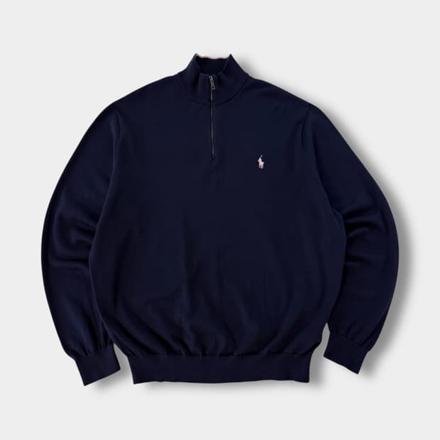 폴로 랄프로렌 오버핏 딥네이비 피마코튼 하프집 니트
