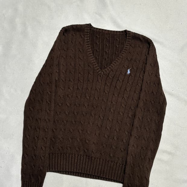 S 폴로랄프로렌 스카이블루 포니 브라운 브이넥 케이블 니트