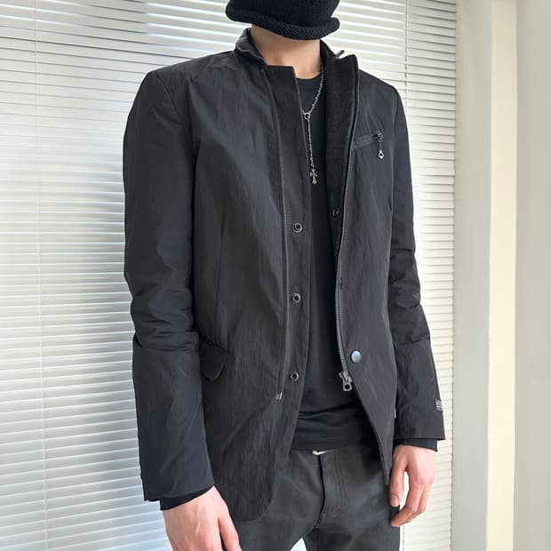 디젤 비대칭 코팅 슬리브 레이어드 자켓