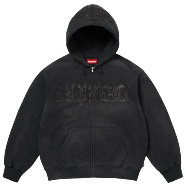 L] 25SS 슈프림 레더 아플리케 스웻 후드집업 블랙