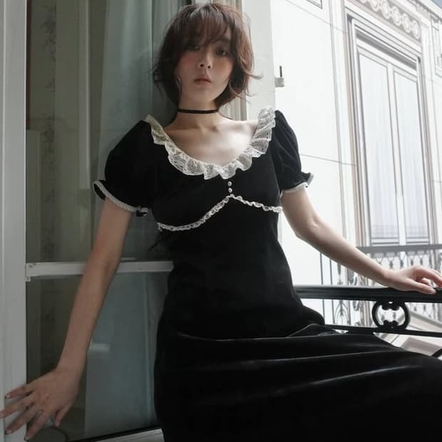 플레따 벨벳 레이스 롱 드레스