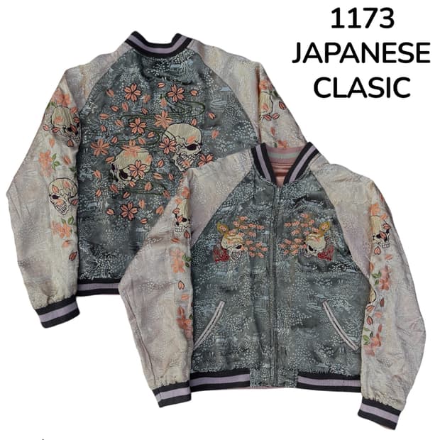 재패니즈클래식 양면 핑크 해골 자수 스카쟌 일본빈티지 스카잔 자켓 S