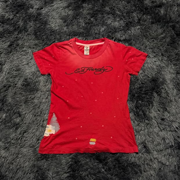 Ed Hardy 로고 레터링 등판 잉어 프린팅 레드 반팔