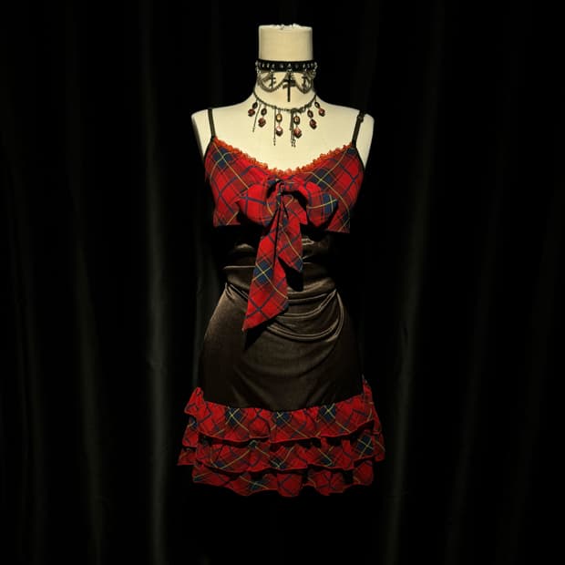 레드 체크 레이어링 원피스