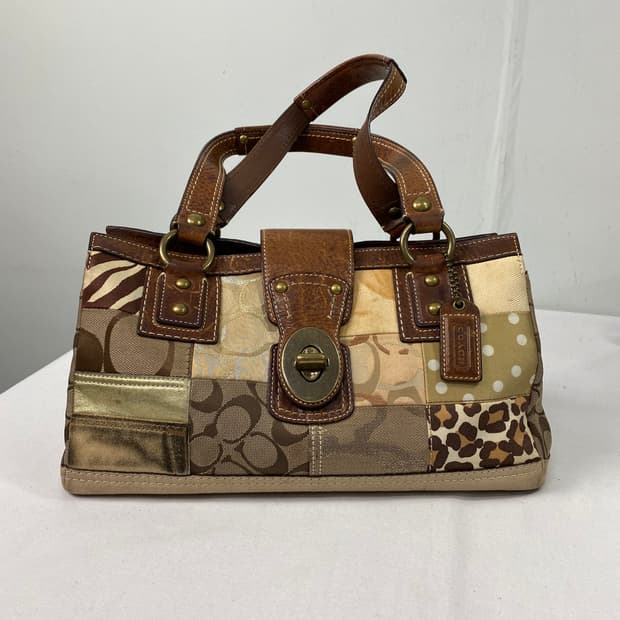 90s coach 코치 패치워크 시그니처 호피 도트 캔버스 레더 토트백