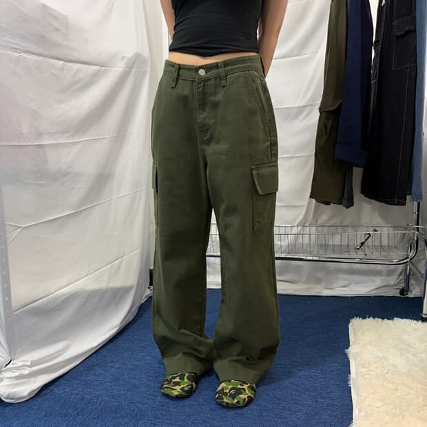 와이드 카키 카고 팬츠