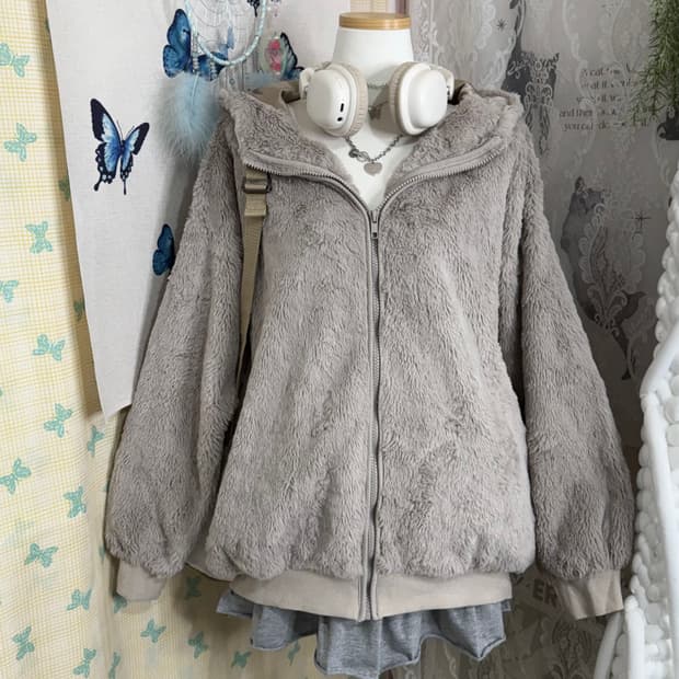 코코아 베이지 퍼 후드 집업