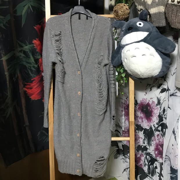빈티지 그레이 데미지 디테일 모리걸 니트 롱 가디건