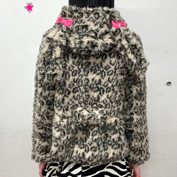 leopard fur rabbit ribbon zip-up hood 