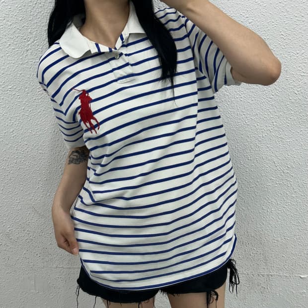 폴로 랄프로렌 빅포니 블루 스트라이프 화이트 pk반팔 L