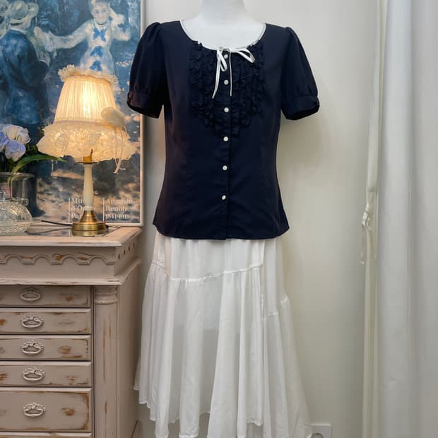 navy ruffle bow point puff blouse