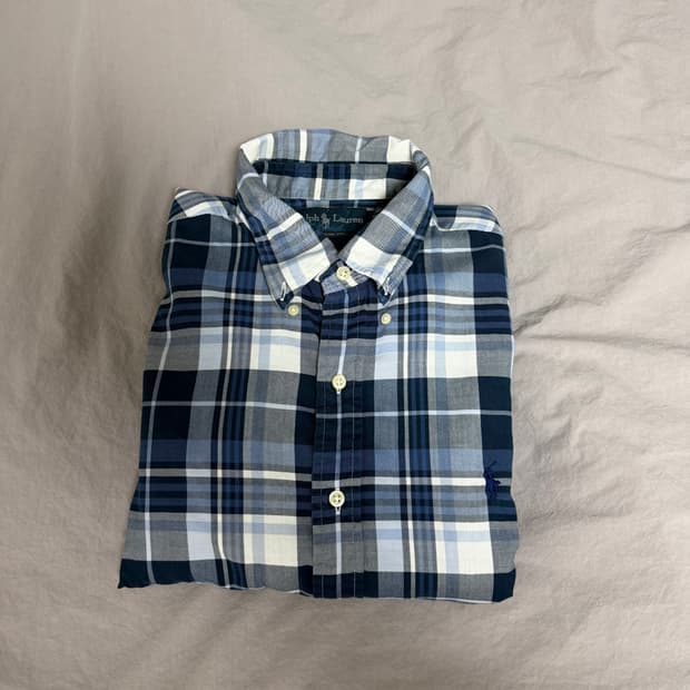 폴로 랄프로렌 블루 체크 코튼 린넨 버튼다운 긴팔 셔츠 커스텀핏 L