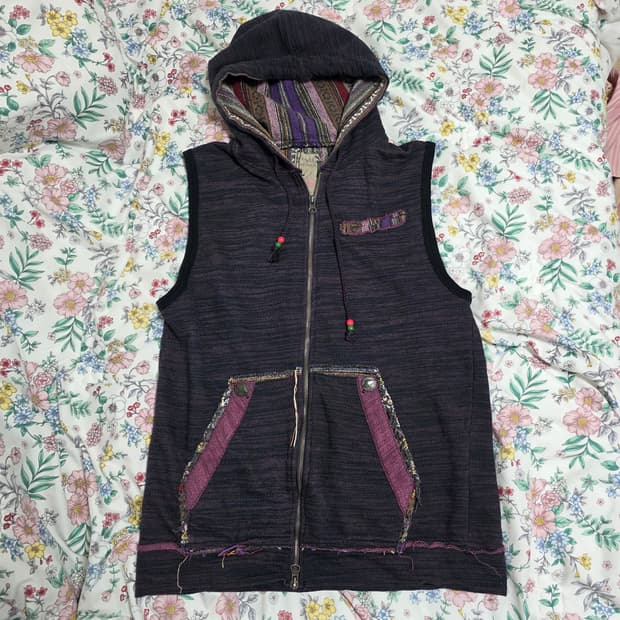 파워투더피플 일본빈티지)에스닉 히피 90s00s 모리걸 아메카지 후드조끼