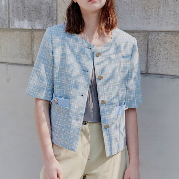 여성 S) 온앤온 신형 21ss 반팔 트위드 크롭 자켓 스카이블루 66