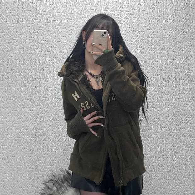 아베크롬비 울프죠 희귀 Y2K 카키 양털 후드집업 L C0869