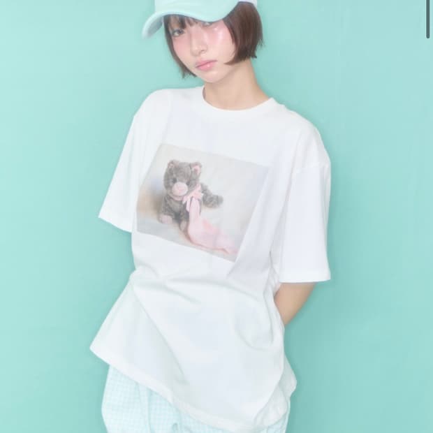 샤키리 베이비 키리 고양이 박시 티셔츠 화이트 새상품 쓰리타임즈 클리시어