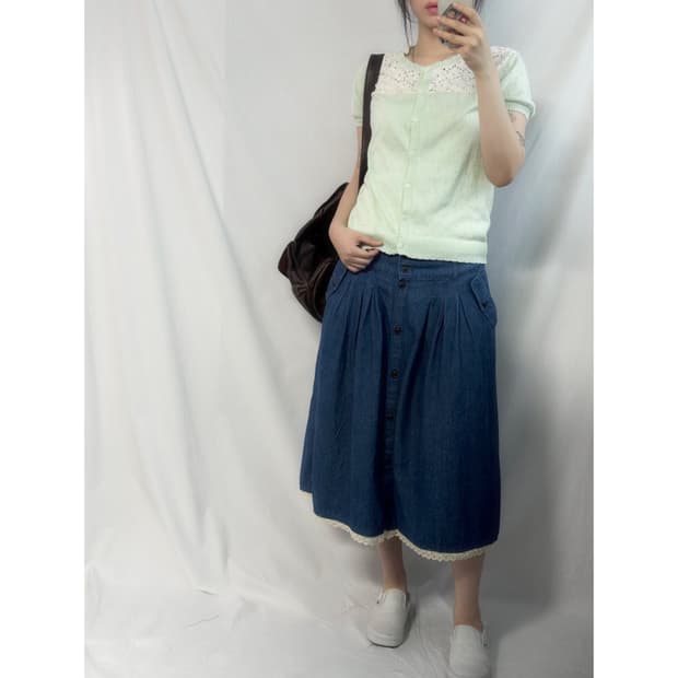 애플 민트 레이스 펀칭 가디건 데님 스커트 2pcs SET