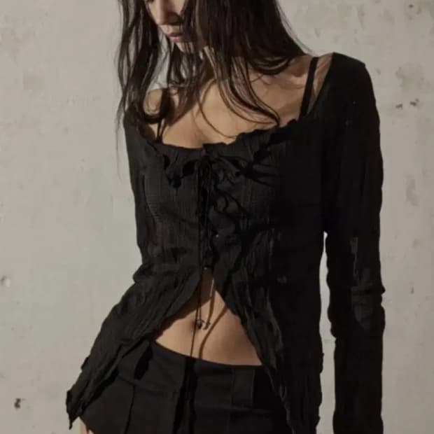 보헤미안서울 링클 코르셋 가디건 블라우스 블랙