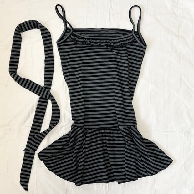 스트라이프 프릴 레이어드 나시 슬리브리스 머플러 세트 모리걸 갸루