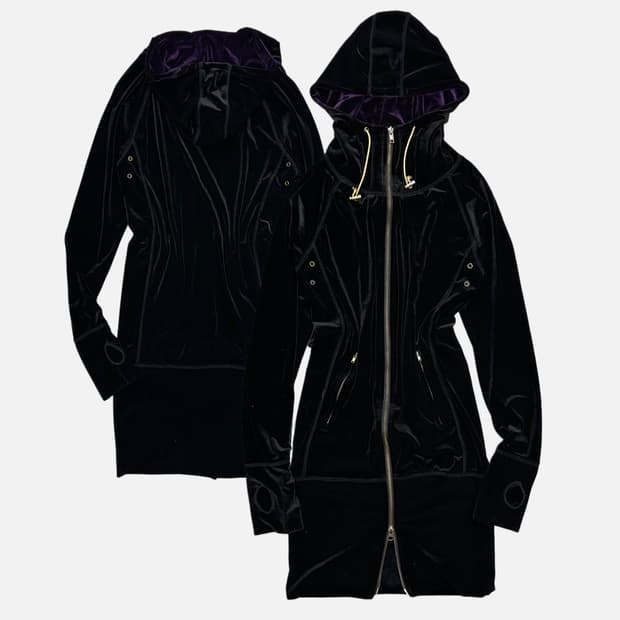 black velvet long hood zip-up
