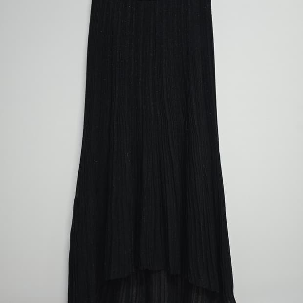 타임 블랙 플리츠 롱 스커트 언발란스