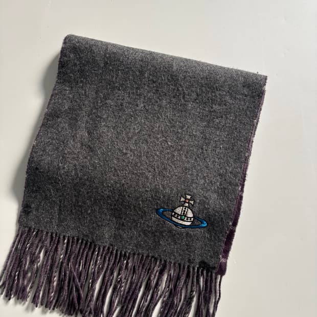 비비안웨스트우드 차콜 체크 퍼플 배색 ORB 캐시미어 머플러