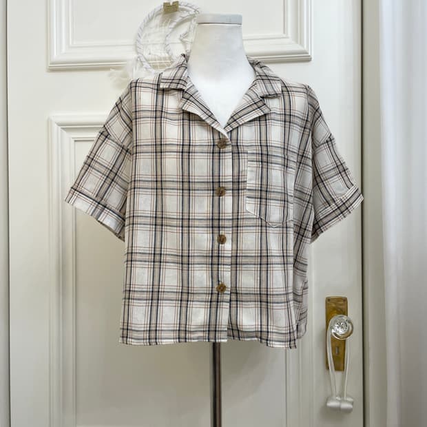 beige navy check crop summer shirt