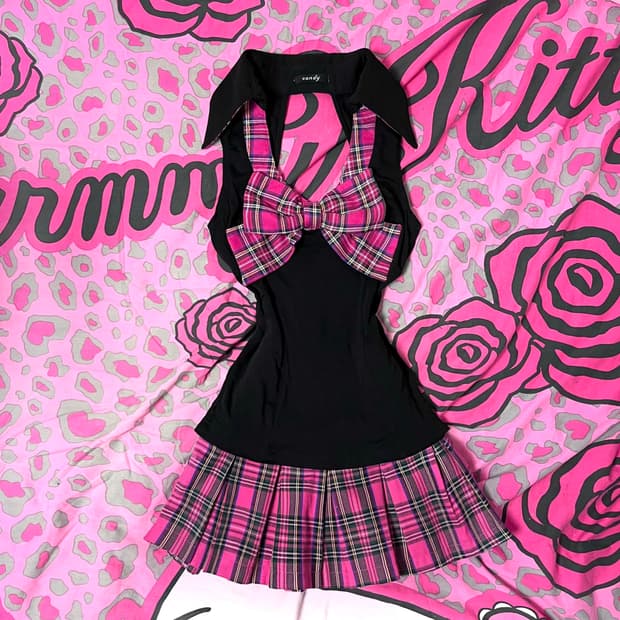 MA*RS 마즈깔 스쿨갸루 블랙핑크 체크 리본 셋업 핀터109히메 고갸루