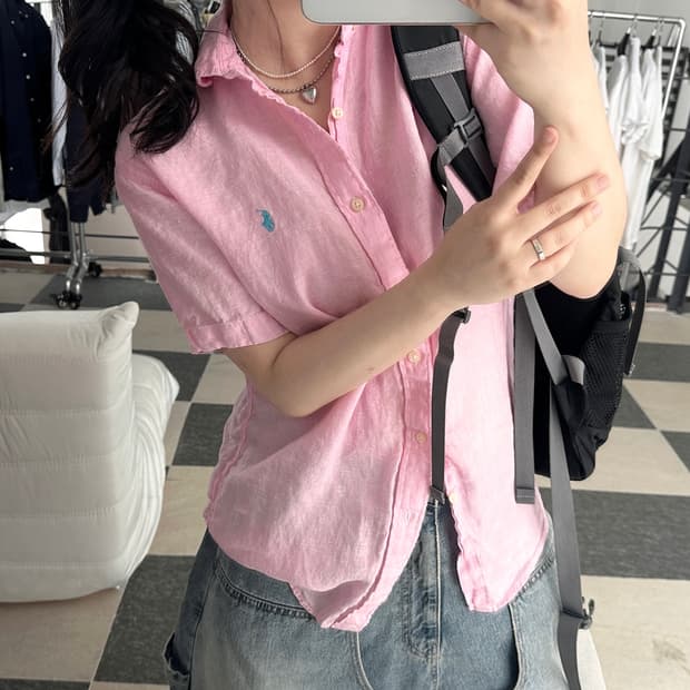 폴로 랄프로렌 핑크 린넨 반팔 셔츠 