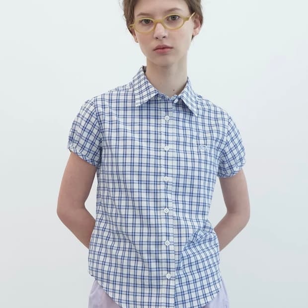 엔조블루스 체크 하프 슬리브 셔츠 Sky 블루 퍼프 소매 블라우스