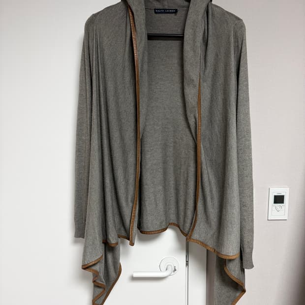 Leather-Trimmed Draped Hooded Knit Cardi