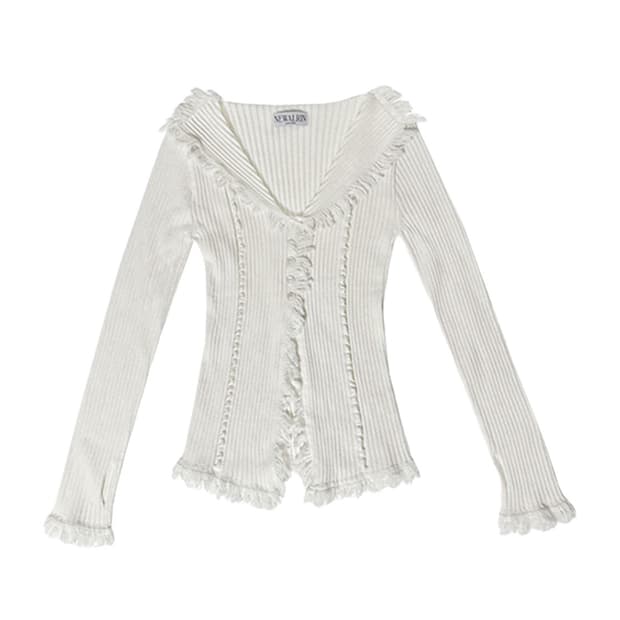 뉴얼린 보헤미안 테슬 라인 니트 가디건 아이보리