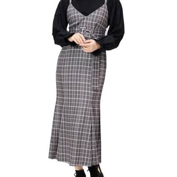 스나이델 플리츠 내로우 롱 원피스  체크