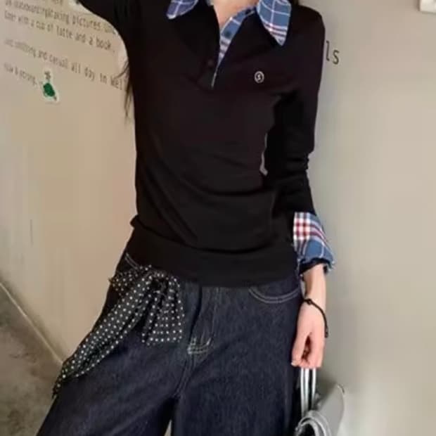 슬림핏 체크 레이어드 긴팔 블랙셔츠