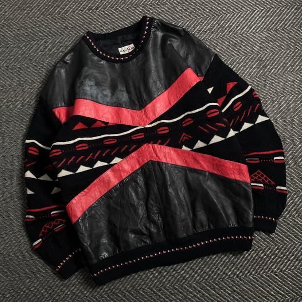 90s 빈티지 아카이브 레더 믹스업 케이블 니트 스웨터y 5038